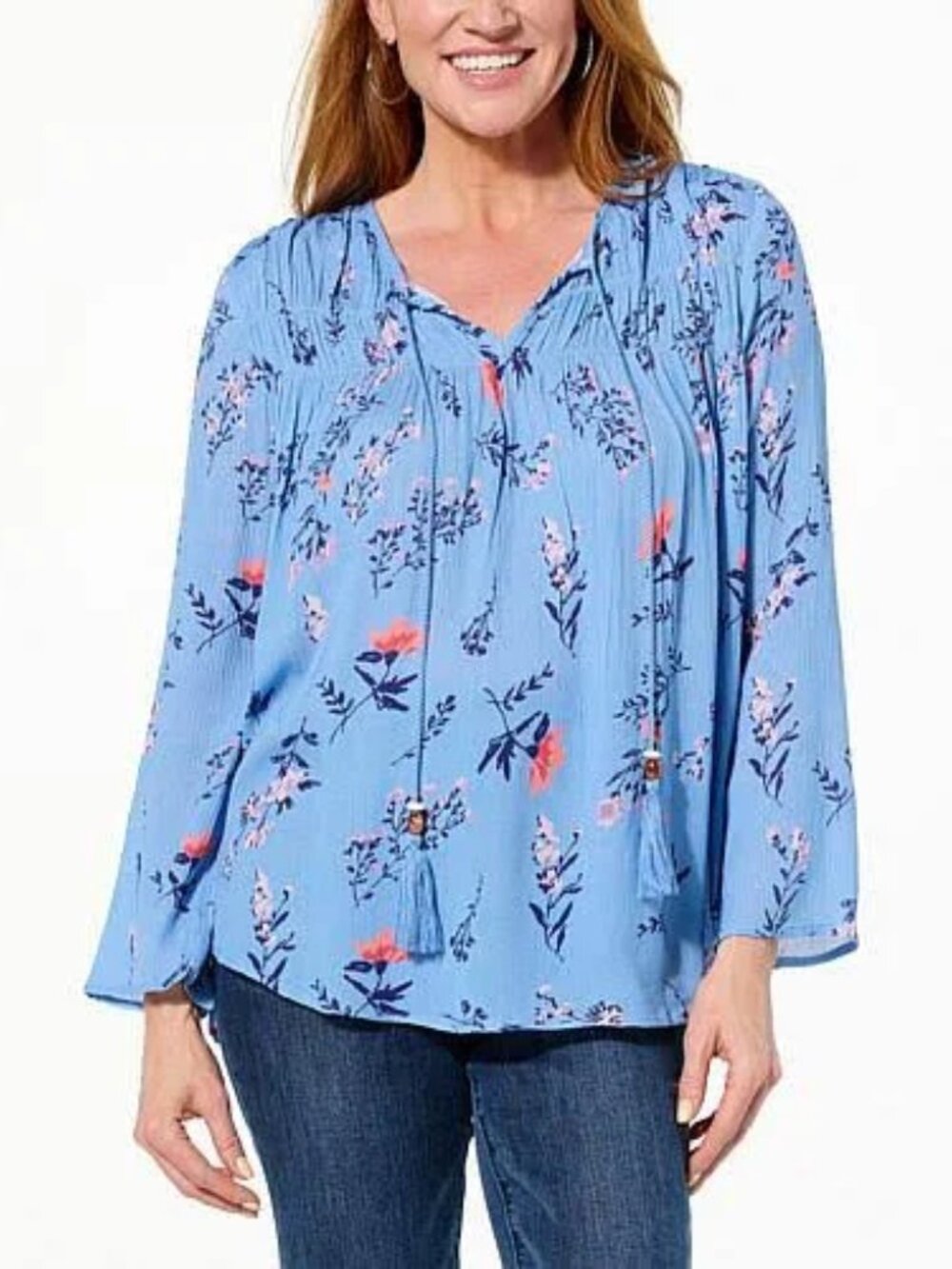 Lacey Chabert Women's Bell-Sleeve Blouse with Smocked Detail Floral Blue S